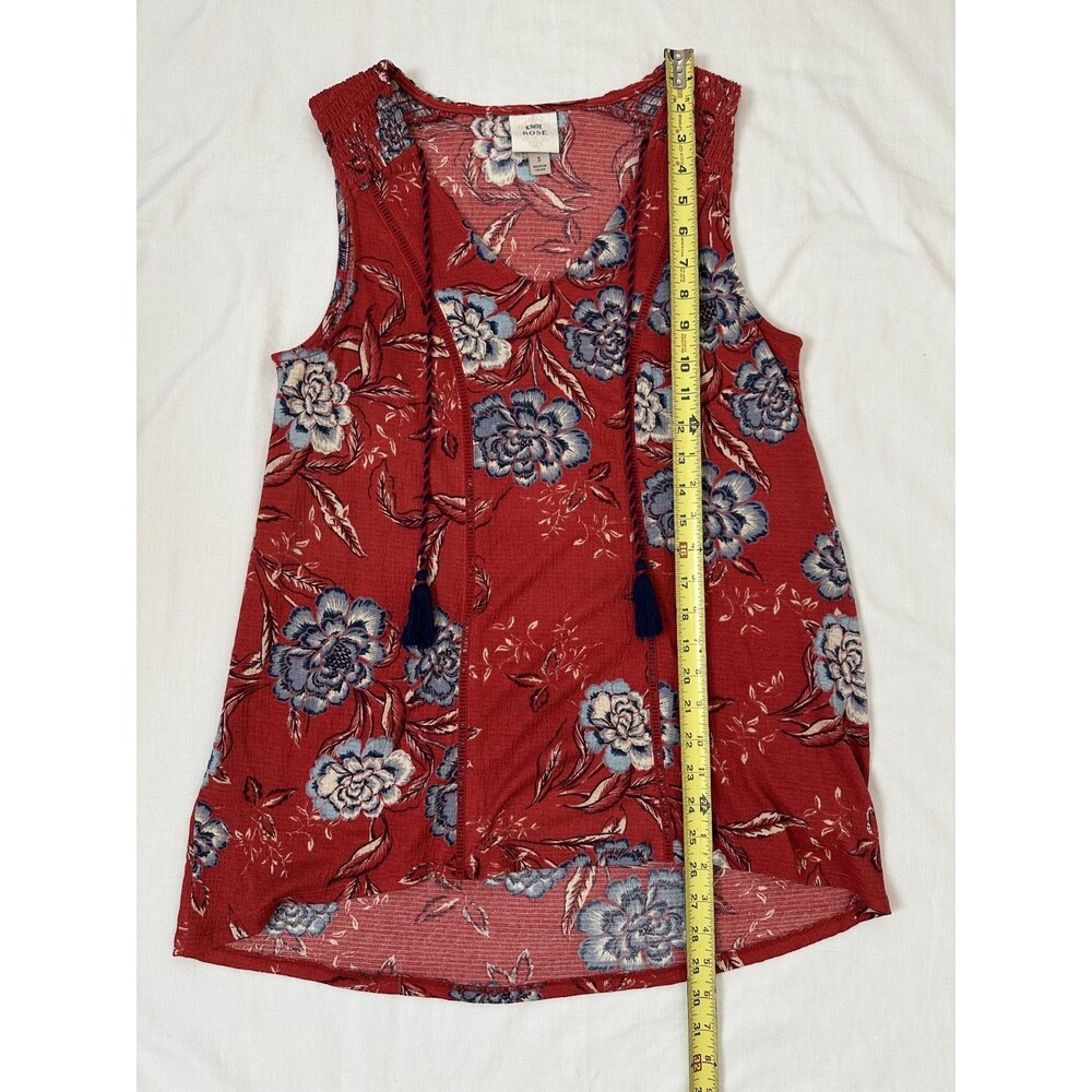 Knox Rose Womens Small Sleeveless V Neck Floral Boho Top Red Tassel Tie Smocked - Picture 4 of 7